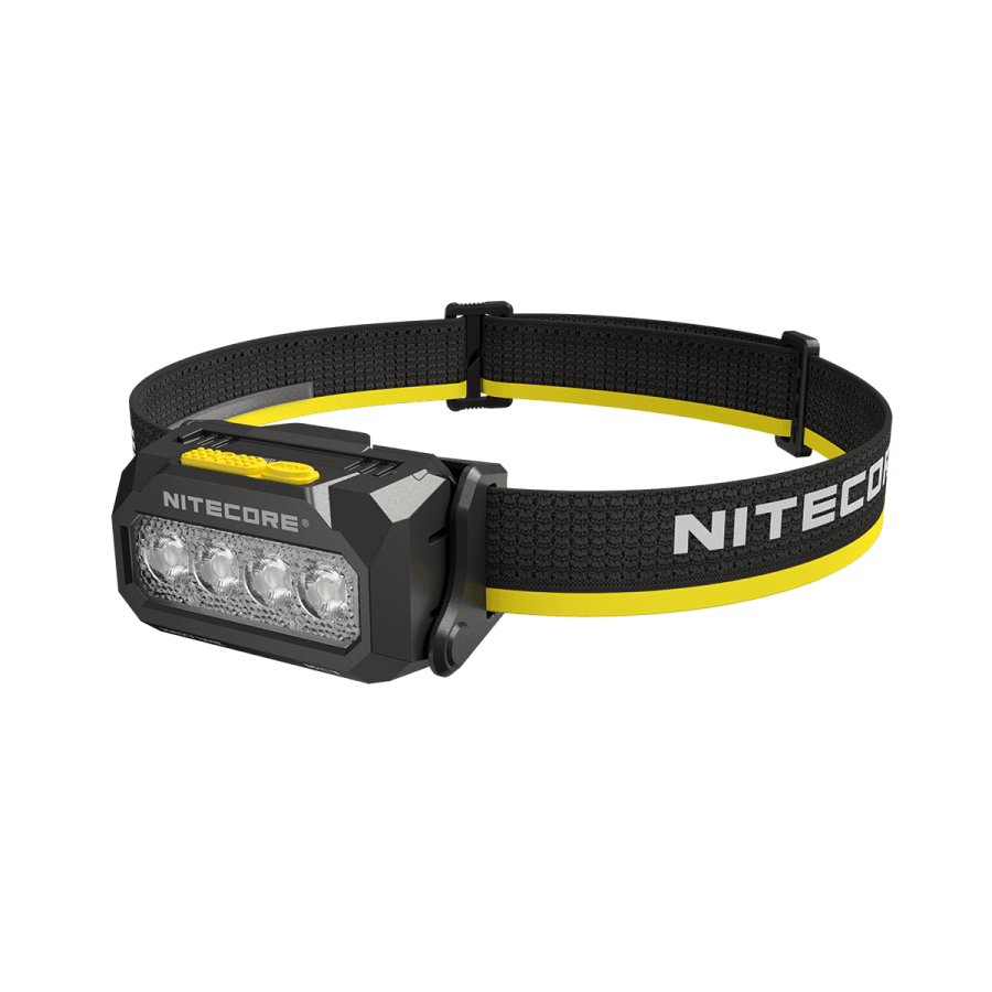 NITECORE HA27 UHE headlamp with a black and yellow headband